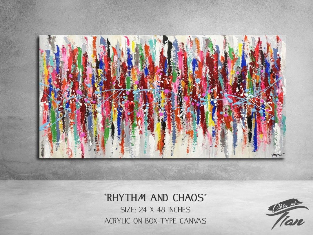 Abstract Painting "Rhythm and Chaos" (Category: Art & Prints) located in Quezon City. Submitted by obranitian (Listing ID 1443446575, Image 1). Description: Size: 24 x 48 inches Acrylic paint with varnish finishing On stretched Canvas with plywood backing With COA Ready to Display Pm me for details..