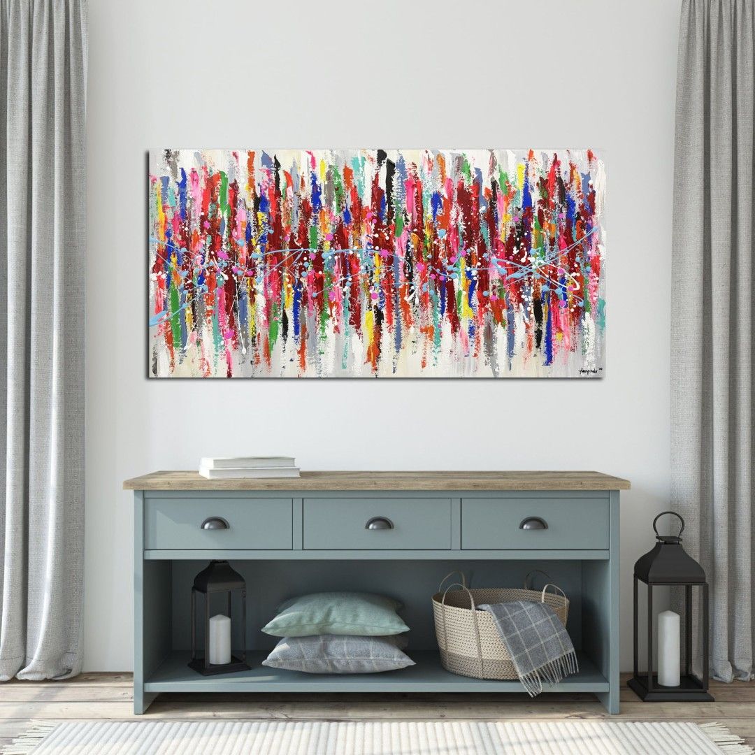 Abstract Painting "Rhythm and Chaos" (Category: Art & Prints) located in Quezon City. Submitted by obranitian (Listing ID 1443446575, Image 2). Description: Size: 24 x 48 inches Acrylic paint with varnish finishing On stretched Canvas with plywood backing With COA Ready to Display Pm me for details..