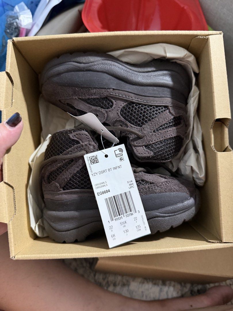 Adidas Yeezy Desert Boot Infant Shoes (Category: Babies & Kids Fashion) located in Singapore. Submitted by sghappystore007 (Listing ID 1443357680, Image 2). Description: - Infant Yeezy Desert Boots - Color: Brown - Size: 6K US - Super comfy for little ones - Original box included.