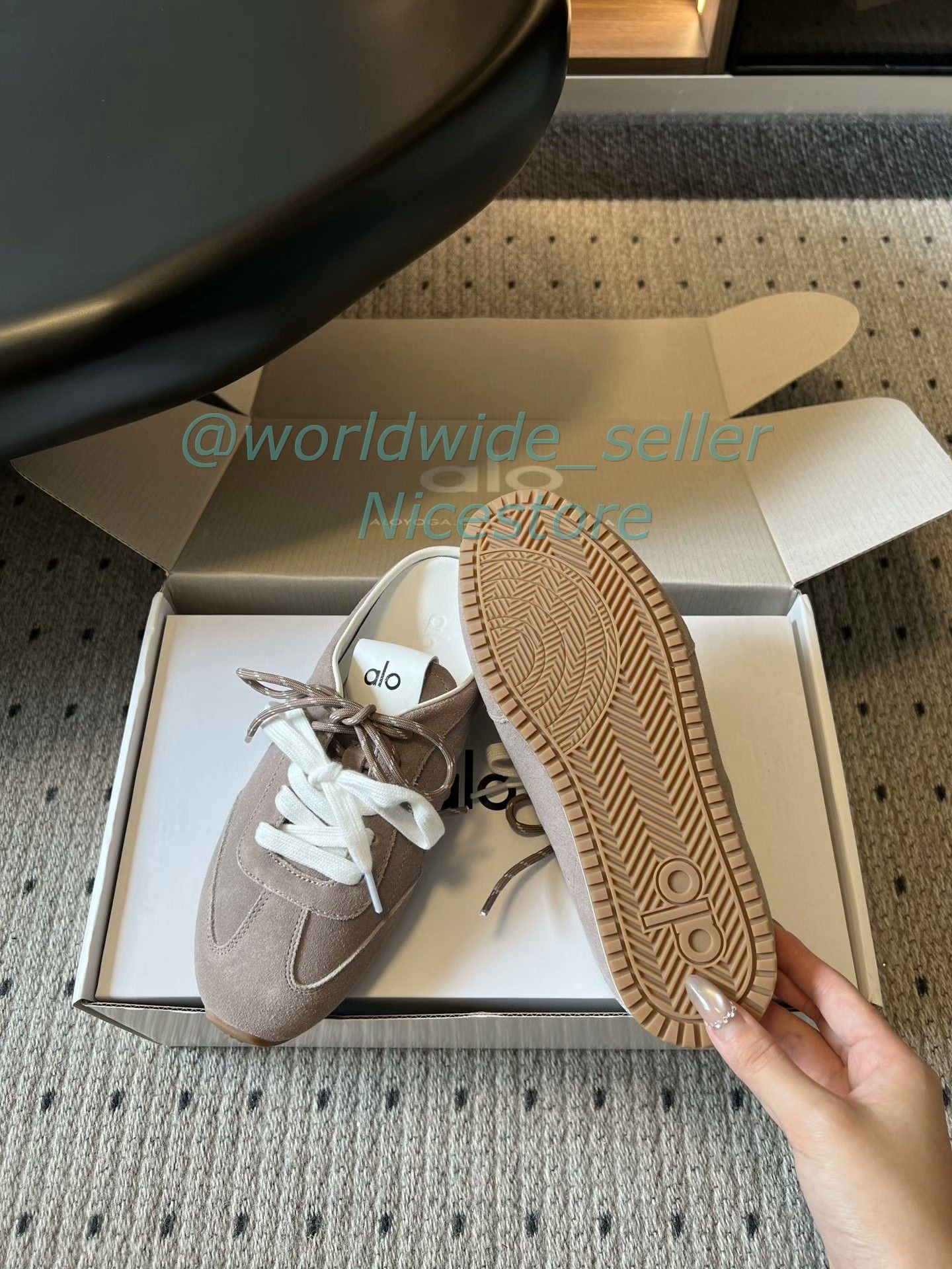 alo German-style athletic slippers, light brown, suede upper with sheepskin lining, rubber outsole (Category: Sneakers) located in Singapore. Submitted by worldwidedeals (Listing ID 1443385268, Image 3). Description: Have many more styles available. Please feel free to contact me if you require other styles.(No brand restrictions).