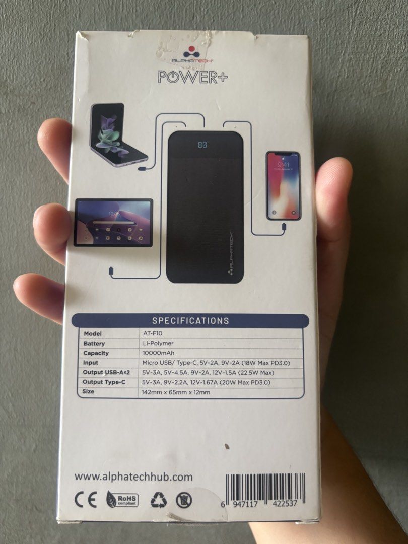 Alphatech Ultra-Slim Power Bank (Category: Other Gadgets) located in Manila. Submitted by amrtn (Listing ID 1443327727, Image 2). Description: opened and tried just to check if working. Product size: 14.2 x 6.5 x 1.2 cm Model: AT-F10 mAh: 10,000 Watts: 22.5 (quick charge) Slim and lightweight 10,000mAh power bank with a digital display for easy battery monitoring. Pocket-friendly design with up to 22.5W fast charging. Charge up to 3 devices simul