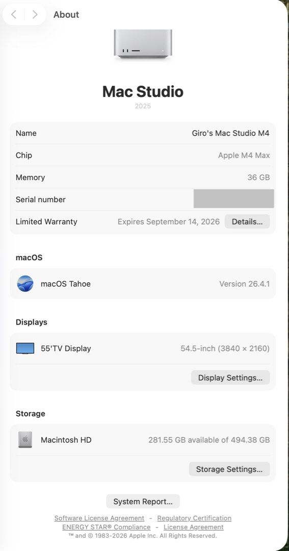Apple Mac Studio M4 Max 36GB Memory480032994068408322