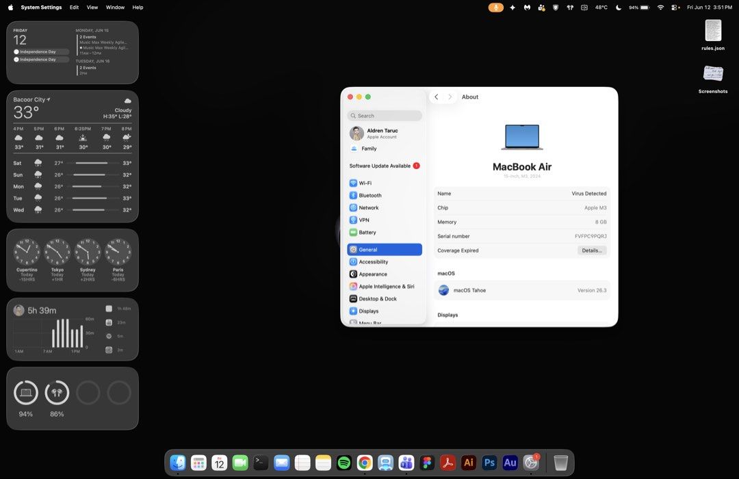 Apple MacBook Air M3 15-inch (Category: Laptops & Notebooks) located in Bacoor. Submitted by agtaruc (Listing ID 1443415549, Image 3). Description: Macbook Air 15-inch M3 - 2024 Specs: - OS: macOS Tahoe 26.5.1 - Chip: M3 - Memory: 8GB - Storage: 512GB Battery: - Condition: Normal - Max Capacity: 96% - Cycle Count: 119 Inclusions: - OG Box - Laptop Pouch - Ultra Thin Hard Plastic Case - Magnetic Screen Protector - Matte Film for Track Pad Issue: -