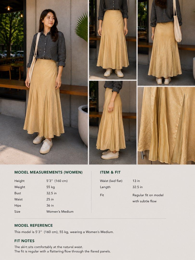 Beige Pleated Midi Skirt (Category: Skirts) located in Quezon City. Submitted by jong_17 (Listing ID 1443319726, Image 2). Description: - Bought from US at $30 - Flattering flared panels - Sits comfortably at natural waist - Perfect for dressing up or down - waist when laid flat 13 in, length is 32.5 - fits a 25-26 waist.