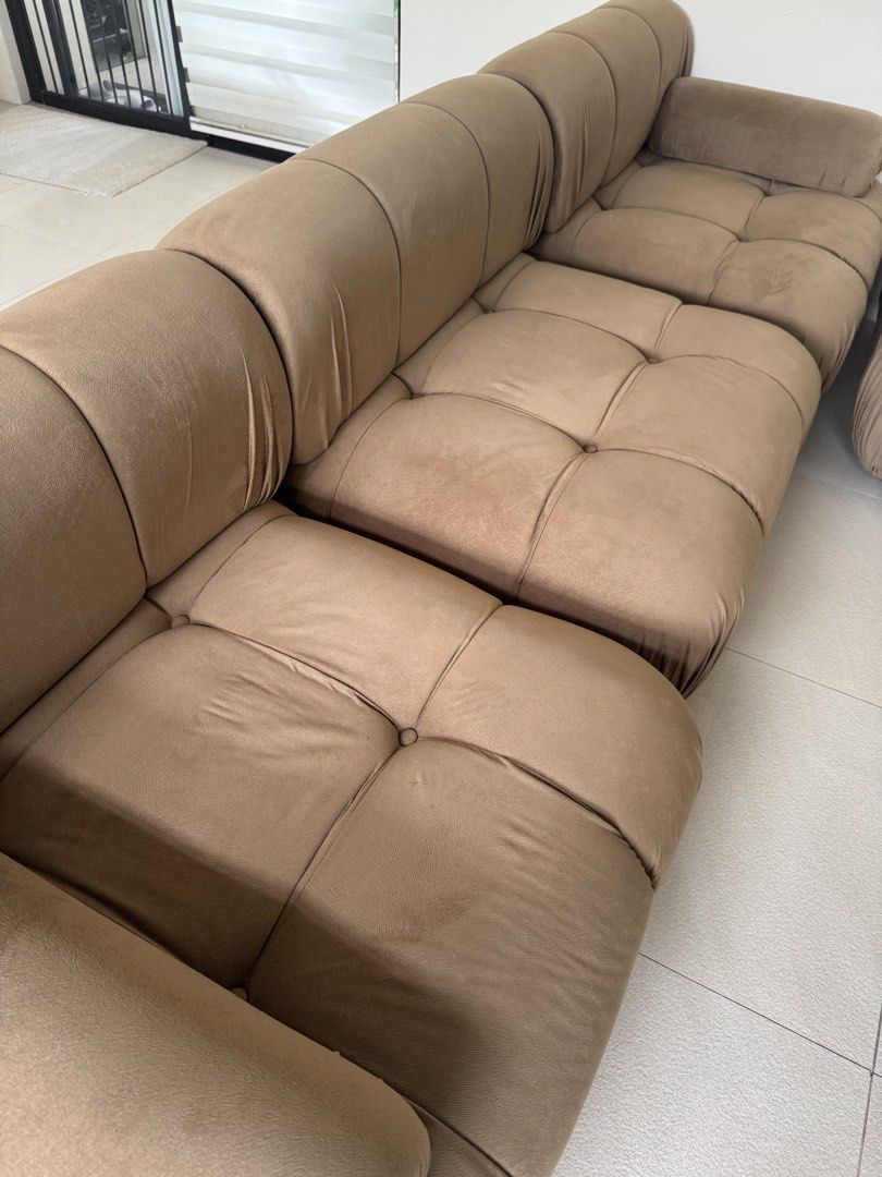 Brown Tufted Sectional Sofa (4-modular) (Category: Sofas) located in Paranaque City. Submitted by abiecayetano (Listing ID 1443367928, Image 3). Description: LIKE NEW BOUGHT LAST MONTH Bought around ₱50,000 + - L36 x W36 x H28 - Taupe Velvet Fabric - Uratex Foam - Mahogany Lumber Slightly negotiable Buyer will shoulder delivery fee. Manila area only for Lalamove .