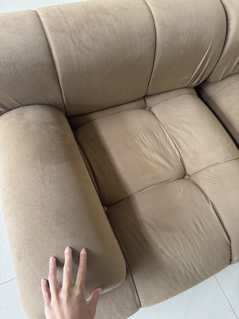 Brown Tufted Sectional Sofa (4-modular) (Category: Sofas) located in Paranaque City. Submitted by abiecayetano (Listing ID 1443367928, Image 2). Description: LIKE NEW BOUGHT LAST MONTH Bought around ₱50,000 + - L36 x W36 x H28 - Taupe Velvet Fabric - Uratex Foam - Mahogany Lumber Slightly negotiable Buyer will shoulder delivery fee. Manila area only for Lalamove .