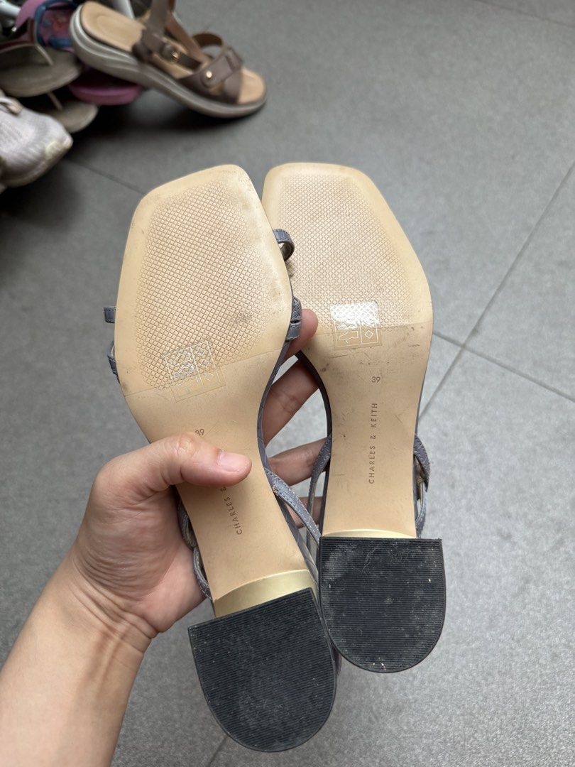 Charles & Keith Grey Croc-Embossed Strappy Block Heels (Category: Heels) located in Manila. Submitted by memos_ (Listing ID 1443376187, Image 2). Description: - Brand: Charles & Keith - Color: Blue - Style: Strappy heels - Features: Croc-embossed texture on straps, square toe - Condition: Never been used. still has sole sticker on the bottom. strap is detached. still has box with it. Can still be used for repair only..