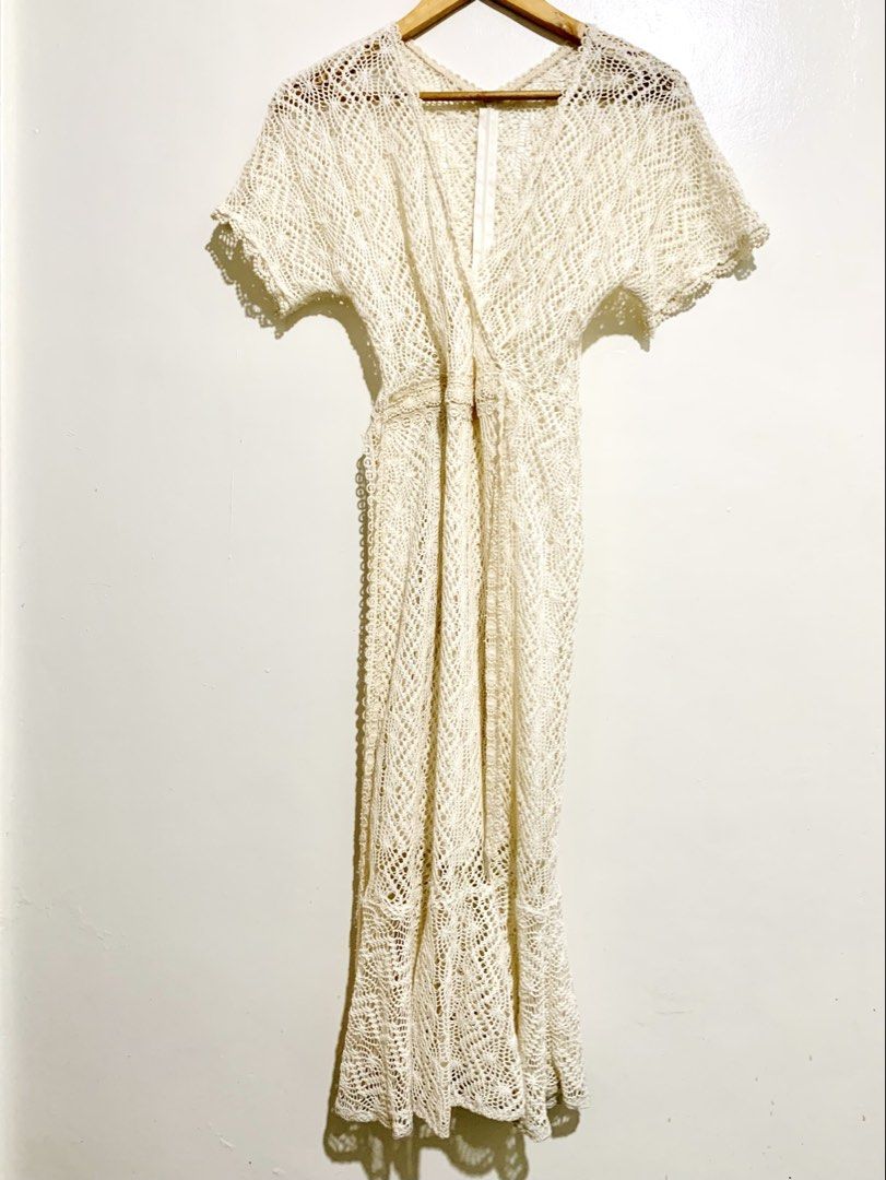 Cream Crochet Maxi Dress with Inner Lining (Category: Dresses) located in Bacoor. Submitted by krisery (Listing ID 1443358047, Image 1). Description: - free size - med to large - Elegant cream crochet maxi dress - Flattering V-neck wrap style - Delicate short flutter sleeves - Intricate, detailed crochet pattern - with tie on the waist - with back zipper - Built-in inner lining for full coverage - Convenient back zipper closure - Ideal for beach 