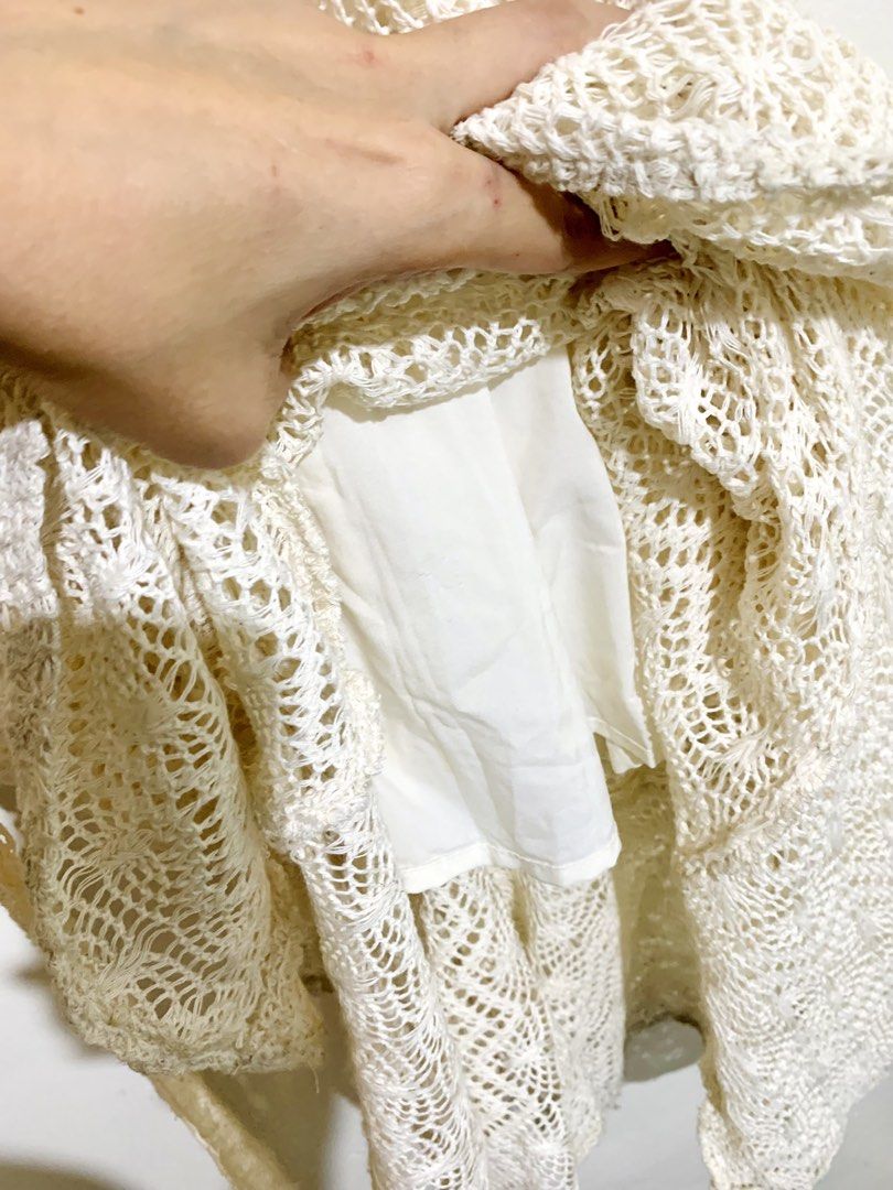 Cream Crochet Maxi Dress with Inner Lining (Category: Dresses) located in Bacoor. Submitted by krisery (Listing ID 1443358047, Image 3). Description: - free size - med to large - Elegant cream crochet maxi dress - Flattering V-neck wrap style - Delicate short flutter sleeves - Intricate, detailed crochet pattern - with tie on the waist - with back zipper - Built-in inner lining for full coverage - Convenient back zipper closure - Ideal for beach 