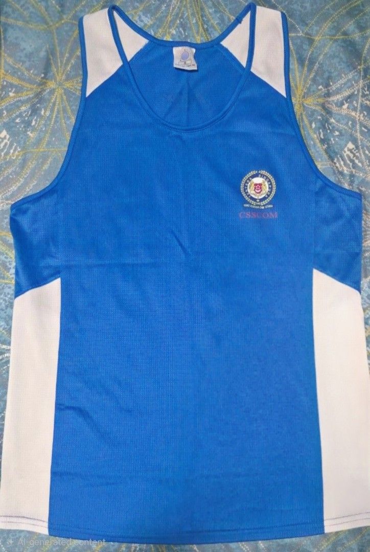 CSSCOM PT kit (Category: Activewear) located in Singapore. Submitted by decluttelon (Listing ID 1443485950, Image 1). Description: - Blue athletic tank top - White side and shoulder panels - 'ORION' crest logo on left chest - Lightweight and breathable material - Ideal for sports or casual wear.
