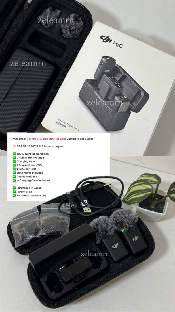 DJI Mic 2TX plus 1RX (1st Gen) (Category: Microphones) located in Caloocan City. Submitted by leasarto (Listing ID 1443467747, Image 1). Description: lf wtb fs DJI Mic 2TX plus 1RX (1st Gen) Complete Set + Case 🏷️ ₱9,500 NEGOTIABLE for sure buyers ✅ 100% Working Condition ✅ Original Box Included ✅ Charging Case ✅ 2 Transmitters (TX) ✅ 1 Receiver (RX) ✅ Wind Muffs Included ✅ Cables Included ✅ + Carrying Case Included ✅ Purchased in Japan ✅ Rarely