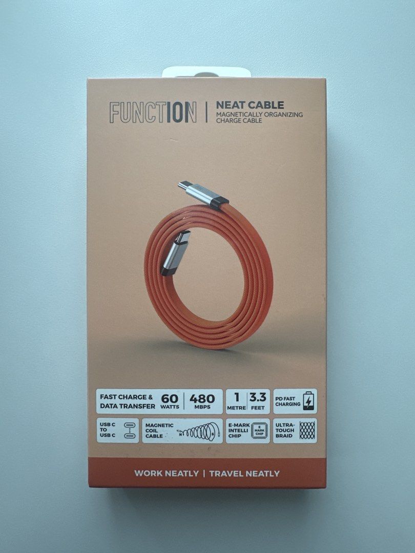 Function101 Neat Cable 60W USB-C to USB-C Cosmic Orange (Category: Cables & Adaptors) located in Taytay. Submitted by barkfactory (Listing ID 1443367976, Image 1). Description: Function101 Neat Cable in Cosmic Orange (BRANDNEW & SEALED) - Magnetic, compact, and tangle-free design - 1-meter flat cable - Supports 60W fast charging - 480 Mbps data transfer speed - Ideal for travel and workspace organization - Tested for durability.