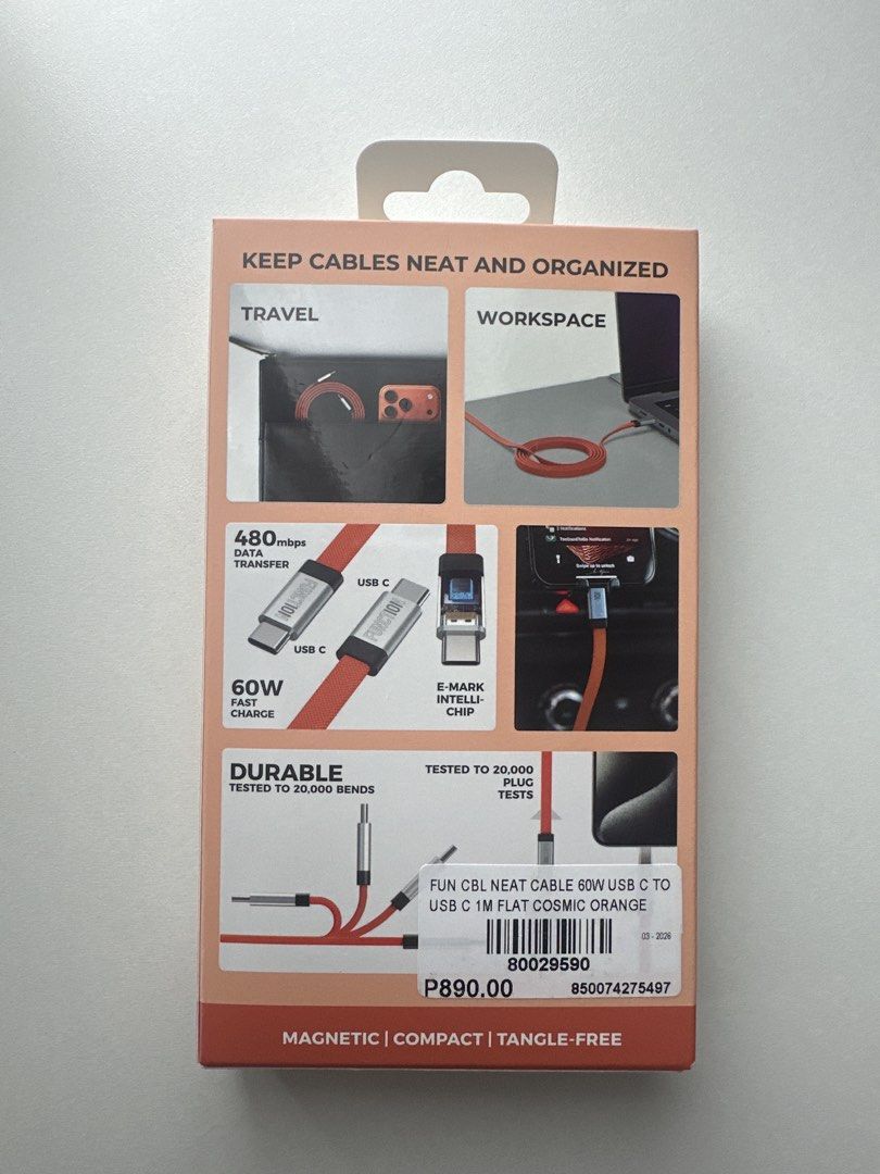 Function101 Neat Cable 60W USB-C to USB-C Cosmic Orange (Category: Cables & Adaptors) located in Taytay. Submitted by barkfactory (Listing ID 1443367976, Image 3). Description: Function101 Neat Cable in Cosmic Orange (BRANDNEW & SEALED) - Magnetic, compact, and tangle-free design - 1-meter flat cable - Supports 60W fast charging - 480 Mbps data transfer speed - Ideal for travel and workspace organization - Tested for durability.