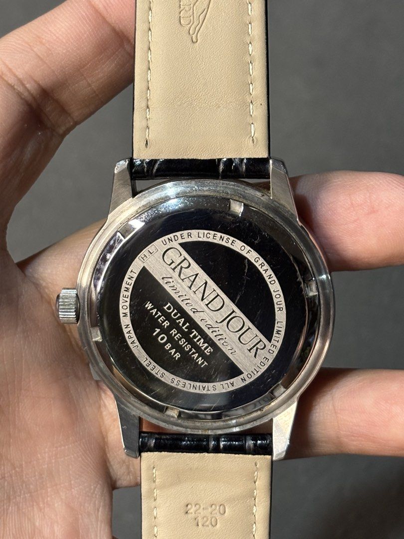 Grand Jour Dual Time Limited Edition (Category: Men's Watches) located in Manila. Submitted by soughtafterseconds (Listing ID 1443379945, Image 3). Description: Grand Jour Dual Time Limited Edition This vintage Grand Jour Dual Time Limited Edition is an absolute stunner of a traveler’s watch. Shifting away from Grand Jour’s typical dainty dress codes, this JDM-exclusive piece features a dual-layered cream dial with a 24-hour crosshair inner track