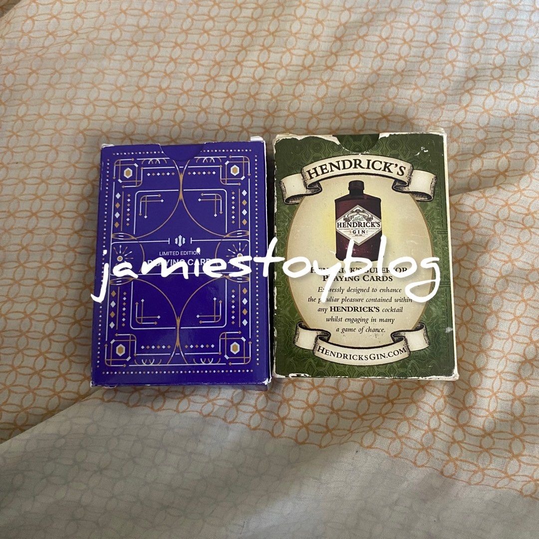 Hendrick's Gin & Magic Limited Edition Playing Cards - TAKE BOTH (Category: Board Games & Puzzles) located in Quezon City. Submitted by ohitsninja (Listing ID 1443384495, Image 2). Description: - Selling two decks of playing cards. - Deck 1: Magic limited edition with a cool blue and gold design. - Deck 2: Hendrick's Gin deck featuring unique card art and cocktail recipes. - Ideal for collectors or for a unique game night experience. As is Pay by