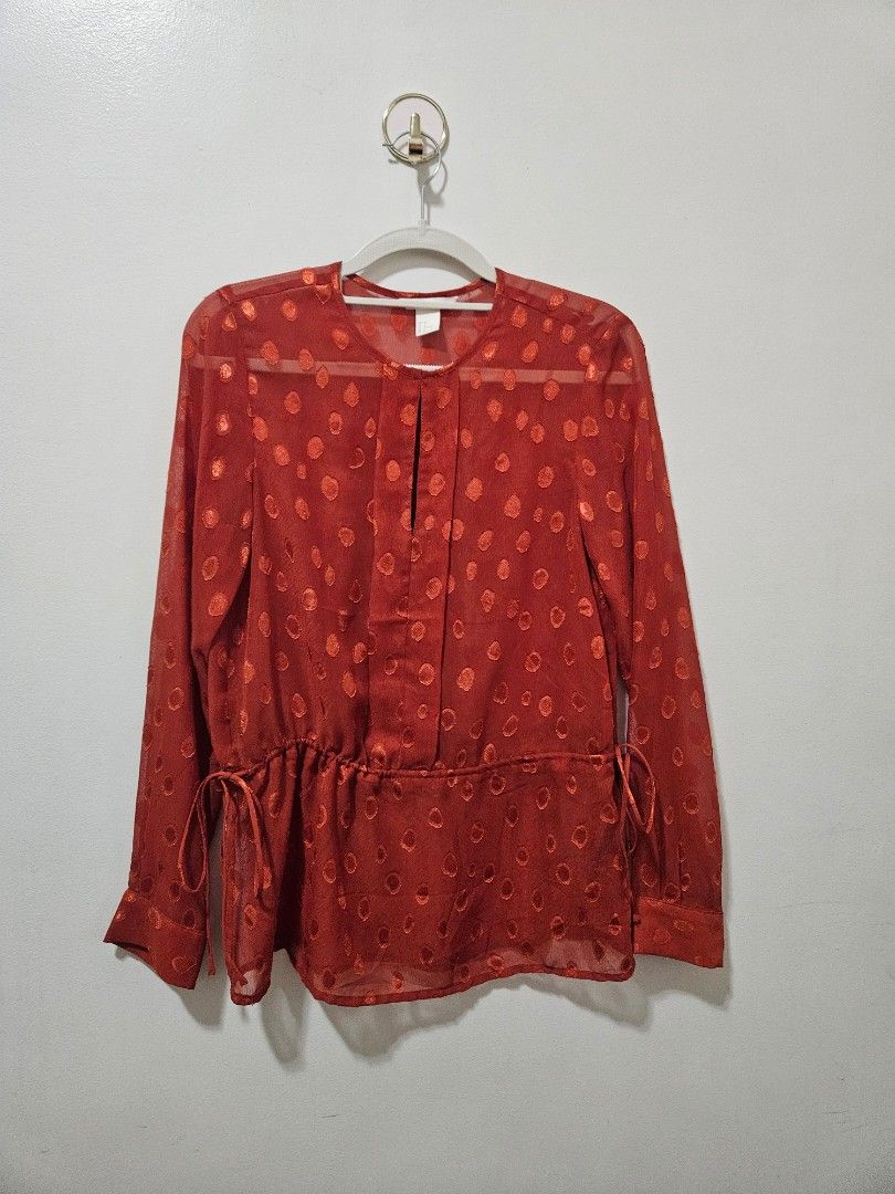 H&M Orange Corporate Office Top Blouse (Category: Blouses) located in Makati City. Submitted by hellok08 (Listing ID 1443399246, Image 2). Description: H&M Top US 6 In excellent used condition Approximate measurements, in inches: Armpit to armpit - 19.5 Waist - 16.5 (adjustable) Length - 27 MOP: BPI/GCash/Unionbank Pick up in Makati via Grab or Lalamove c/o buyer.