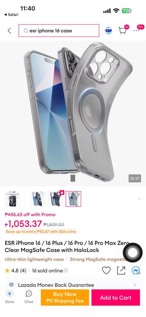Iphone 16pro max magsafe case (Category: Cases & Sleeves) located in Manila. Submitted by guruch4n (Listing ID 1443413256, Image 2). Description: ESR brand 1k sa blue app Extra case - not needed kaya benta na lang Payment via gcash, maribank, maya or bank transfer SF shoulder by buyer Location: Mandaluyong.