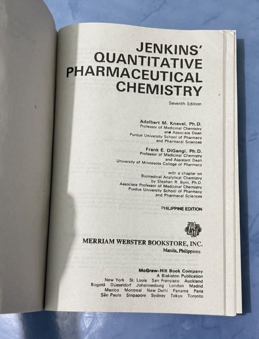 Jenkins' Quantitative Pharmaceutical Chemistry Seventh Edition Textbook (Category: Textbooks) located in Santa Ana. Submitted by lolliee_025 (Listing ID 1443356415, Image 3). Description: - Jenkins' Quantitative Pharmaceutical Chemistry, Seventh Edition - Authors: Adelbert M. Knevel and Frank E. DiGangi - Publishers: Merriam Webster Bookstore, Inc. & McGraw-Hill Book Company - Ideal reference for pharmaceutical chemistry/ pharmacy students - Cond