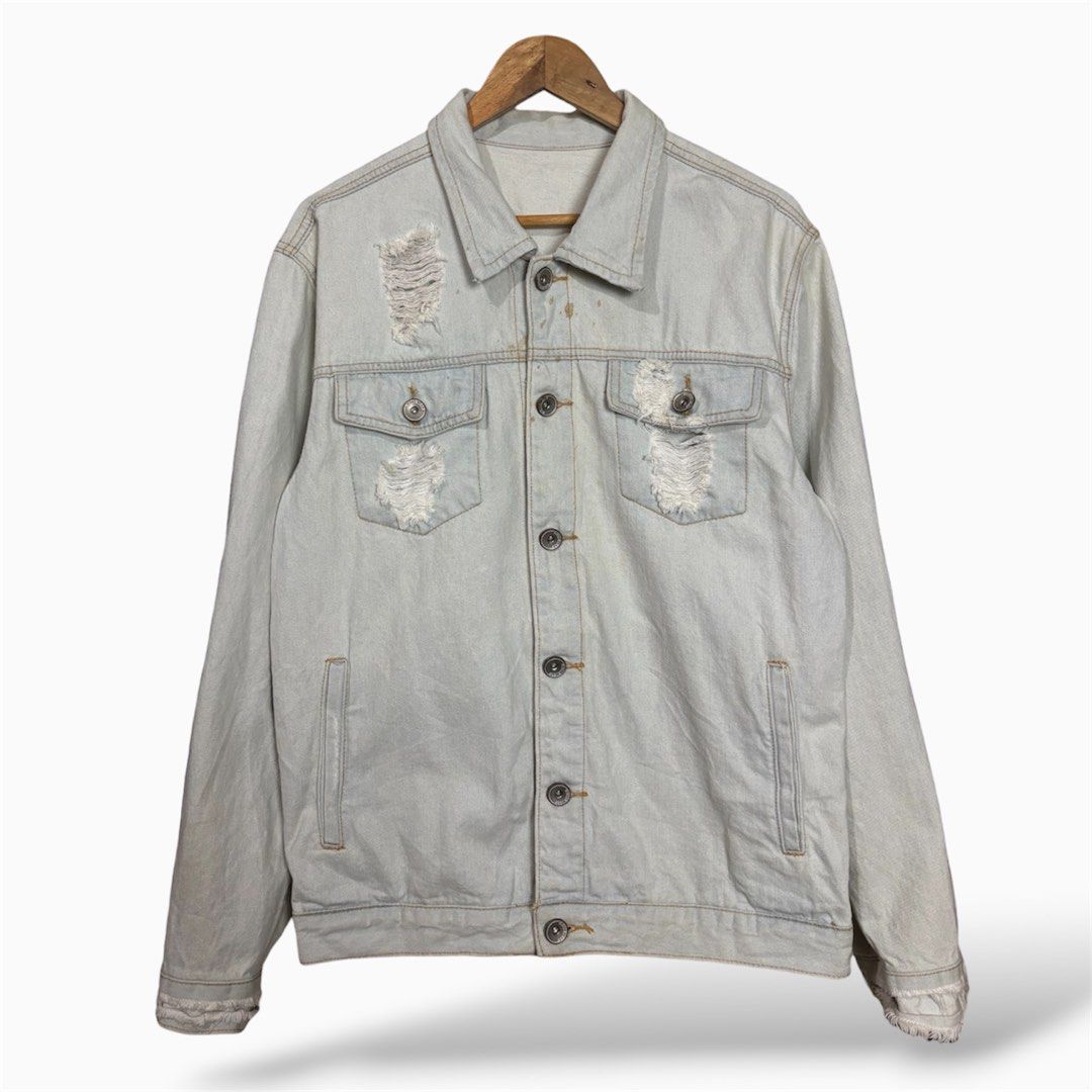 KANYE WEST PABLO TATTERED DENIM (Category: Coats, Jackets and Outerwear) located in Baguio. Submitted by 8luck (Listing ID 1443437632, Image 1). Description: KANYE WEST PABLO TATTERED DENIM Width 22 ‘ Length 27 VERYGOOD CONDITION - Needs wash lang kasi natambak.