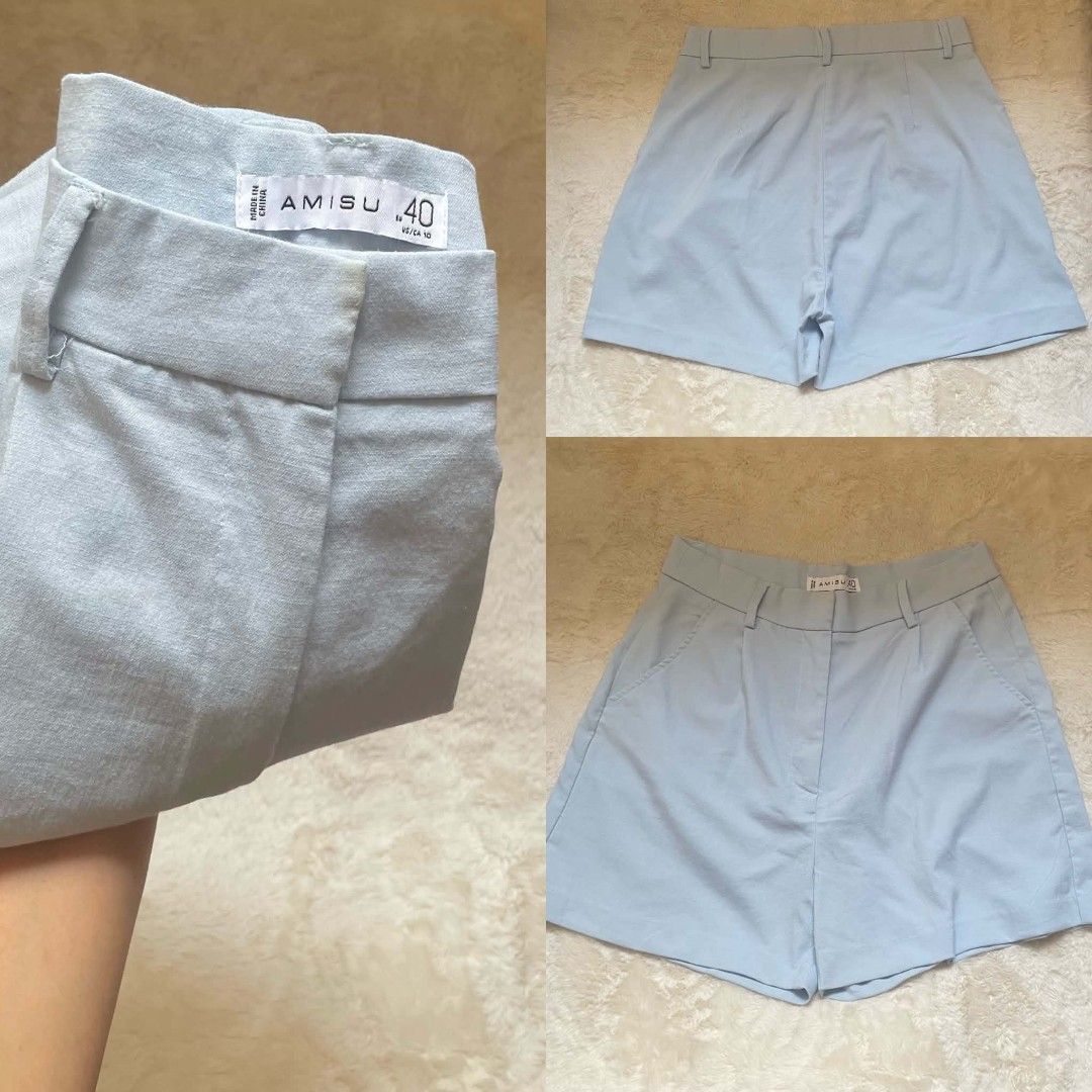 Light Blue High Waisted Shorts (Category: Shorts) located in Quezon City. Submitted by declutterwithnic (Listing ID 1443445654, Image 2). Description: - Light blue shorts from AMISU - High-waisted style - Button and zip closure - Two front pockets - Simple and classic design - Perfect for casual wear - Size 40.