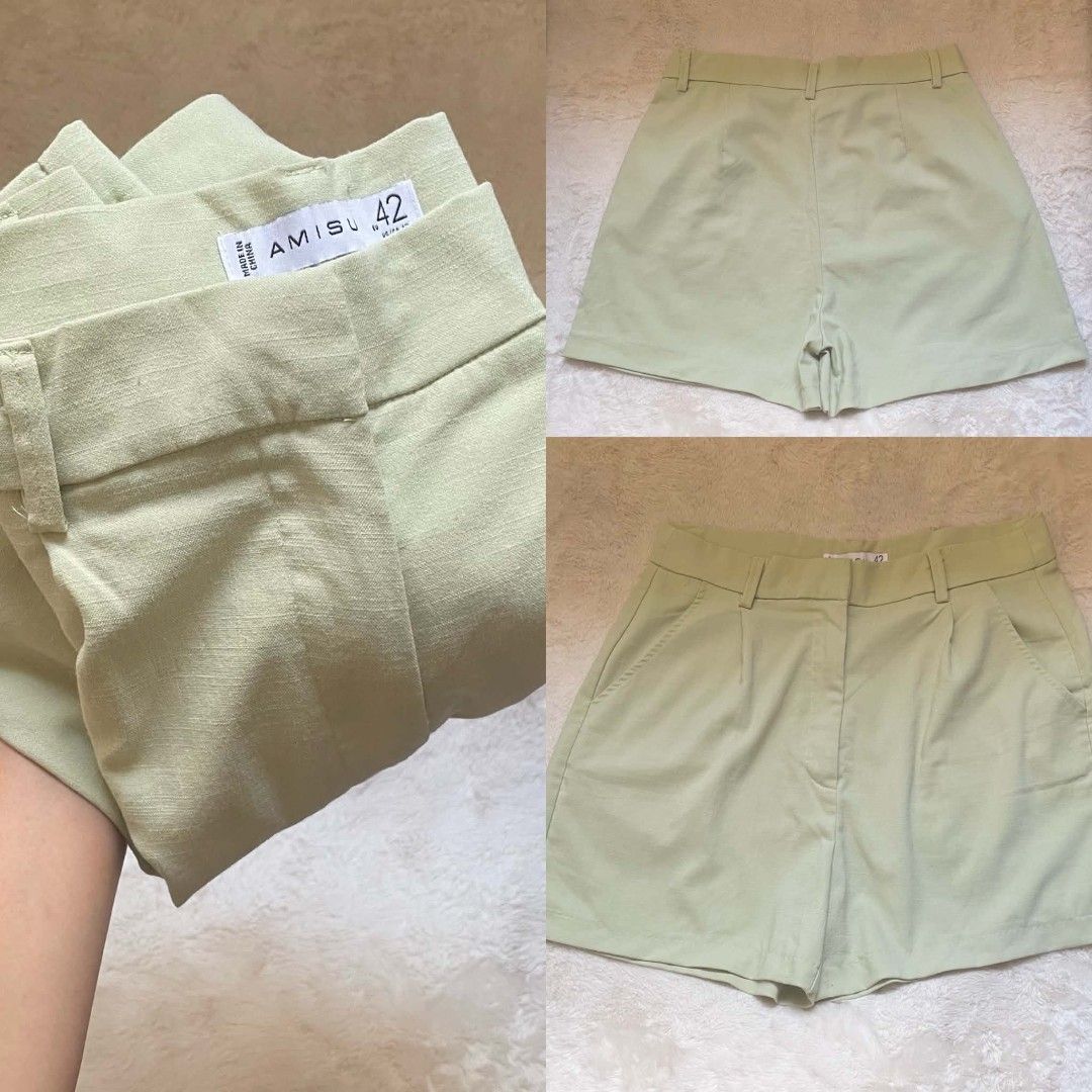 Light Green Pleated Tailored Shorts (Category: Shorts) located in Quezon City. Submitted by declutterwithnic (Listing ID 1443445519, Image 2). Description: - Amisu light green tailored shorts - Size 42 - Features a pleated front - Classic pocket details - Comfortable fit, versatile for casual or dressed-up occasions - Please check photos for exact shade and details.