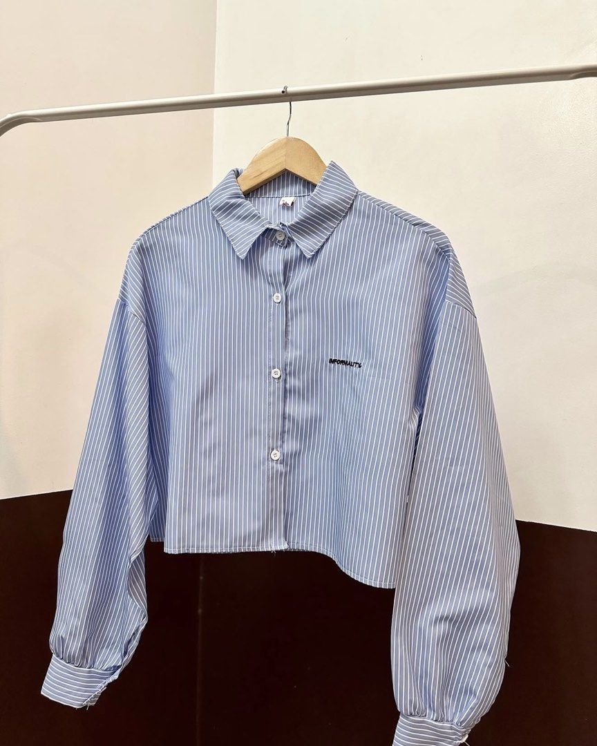 Long-Sleeved Cropped Striped Shirt (Category: Shirts) located in General Santos City (Dadiangas). Submitted by thekeycloline (Listing ID 1443471745, Image 2). Description: Color: Blue, White Size: M Fabric: Polyester.