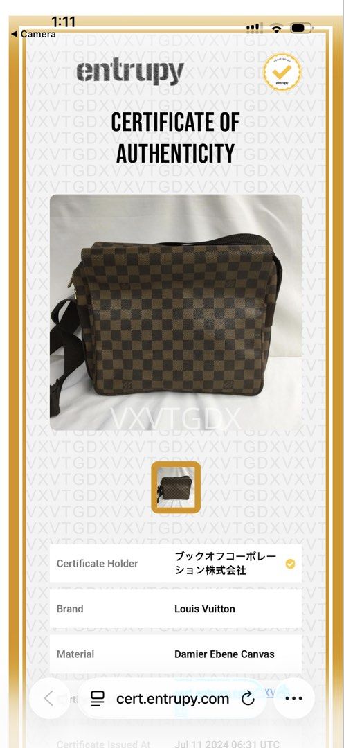 Louis Vuitton Damier Ebene Canvas Messenger Bag (Category: Luxury Bags & Wallets) located in Santa Rosa. Submitted by letthemspeak (Listing ID 1443478554, Image 3). Description: Louis Vuitton Damier Naviglio Messenger Bag. Bought in Book Off Japan. Certificate of Authenticity attached and receipt that I bought it for 30k php converted. I used it only twice after I bought it. .