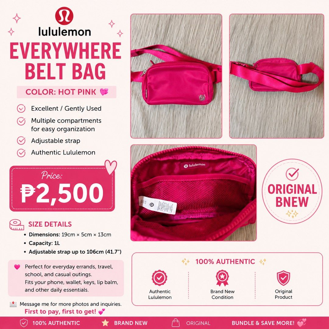 Lululemon Everywhere Belt Bag - Hot Pink (Category: Cross-body Bags) located in Valenzuela. Submitted by clothes_asell (Listing ID 1443438472, Image 1). Description: - Authentic Lululemon Everywhere Belt Bag - Color: Hot Pink - Features: Multiple compartments, adjustable strap - Ideal for: Everyday errands, travel, school, casual outings - Fits: Phone, wallet, keys, lip balm, and other essentials - Note: Message for more photos. First to pay, fir