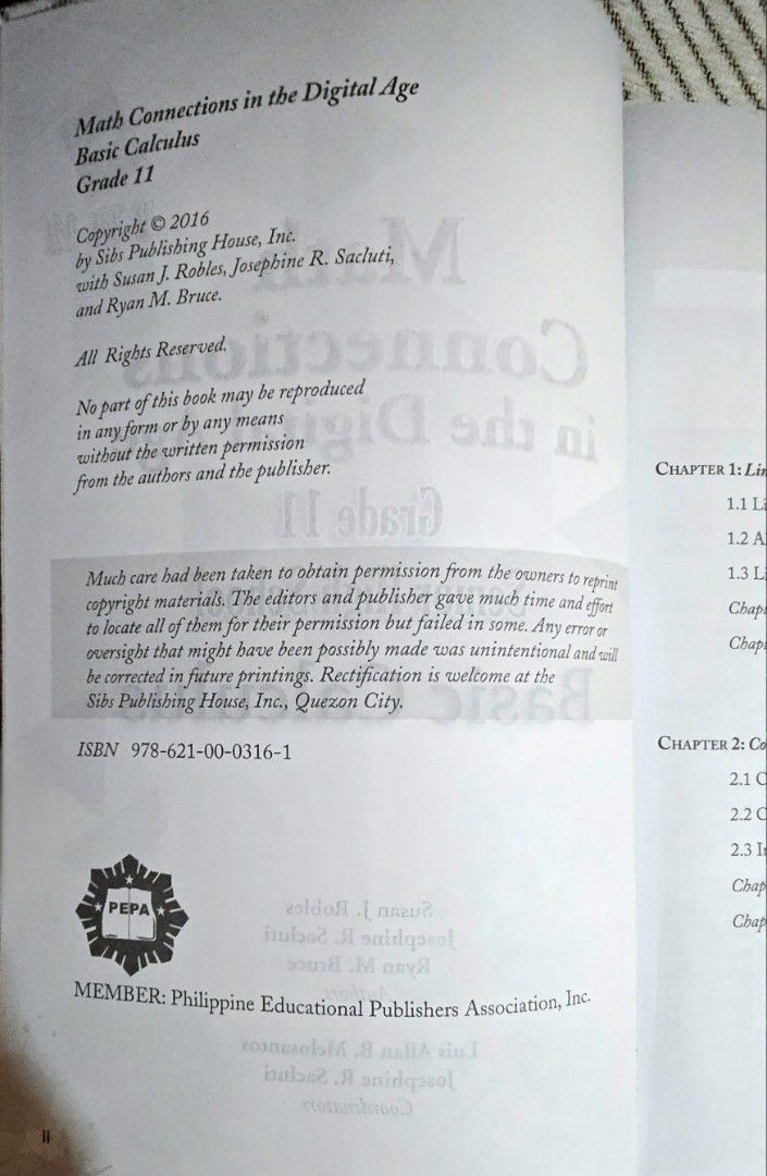 Math Connections in the Digital Age BASIC CALCULUS (Category: Textbooks) located in Quezon City. Submitted by kriztinamd (Listing ID 1443338597, Image 3). Description: almost brand new. never used with plastic cover Math Connections in the Digital Age Basic Calculus The New Grade 11 by Susan Robles, Sacluti, and Bruce Published by Sibs Publishing House c 2016.