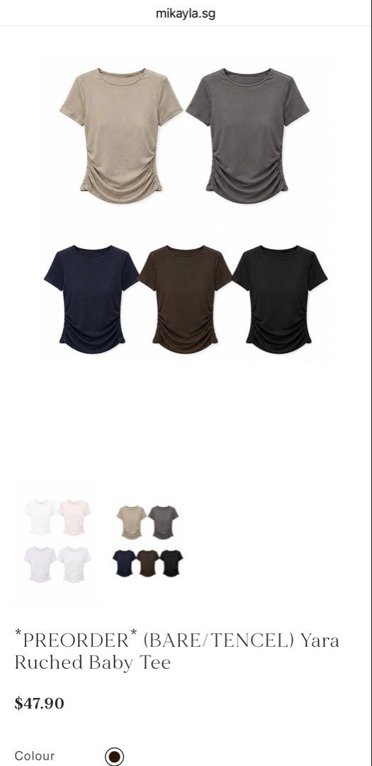 Mikayla SG (BARE/TENCEL) Yara Ruched Baby Tee PREORDER (Category: Shirts) located in Singapore. Submitted by rene_anys (Listing ID 1443451618, Image 1). Description: - Yara Ruched Baby Tee, BNWT - Material: BARE/TENCEL fabric - Available in Espresso - Please refer to the laid flat size chart for measurements.