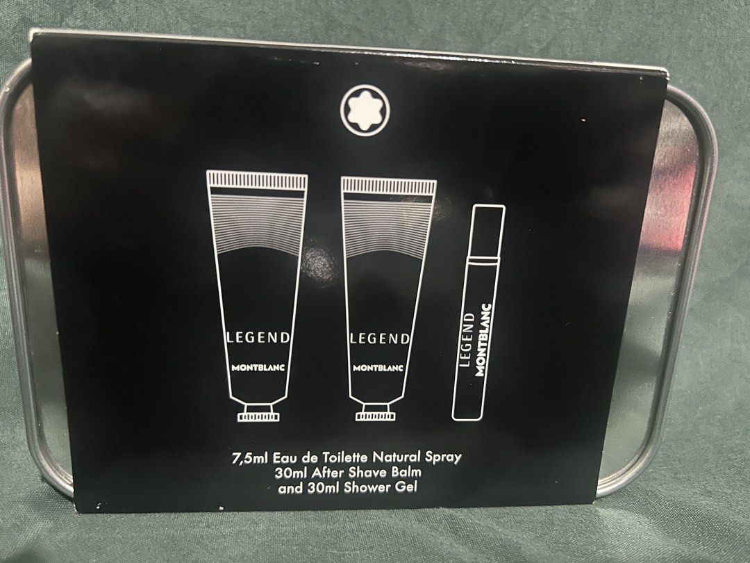 Montblanc Legend Eau de Toilette Discovery Set (Category: Fragrance & Deodorants) located in Mandaluyong City. Submitted by shadowlady13th (Listing ID 1443440769, Image 2). Description: - Montblanc Legend Eau de Toilette Discovery Kit - Includes: *7.5ml Eau de Toilette Natural Spray *30ml After Shave Balm *30ml Shower Gel - All items packaged in a collectible tin - Ideal for travel or trying out the scent.