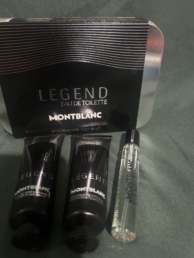 Montblanc Legend Eau de Toilette Discovery Set (Category: Fragrance & Deodorants) located in Mandaluyong City. Submitted by shadowlady13th (Listing ID 1443440769, Image 1). Description: - Montblanc Legend Eau de Toilette Discovery Kit - Includes: *7.5ml Eau de Toilette Natural Spray *30ml After Shave Balm *30ml Shower Gel - All items packaged in a collectible tin - Ideal for travel or trying out the scent.