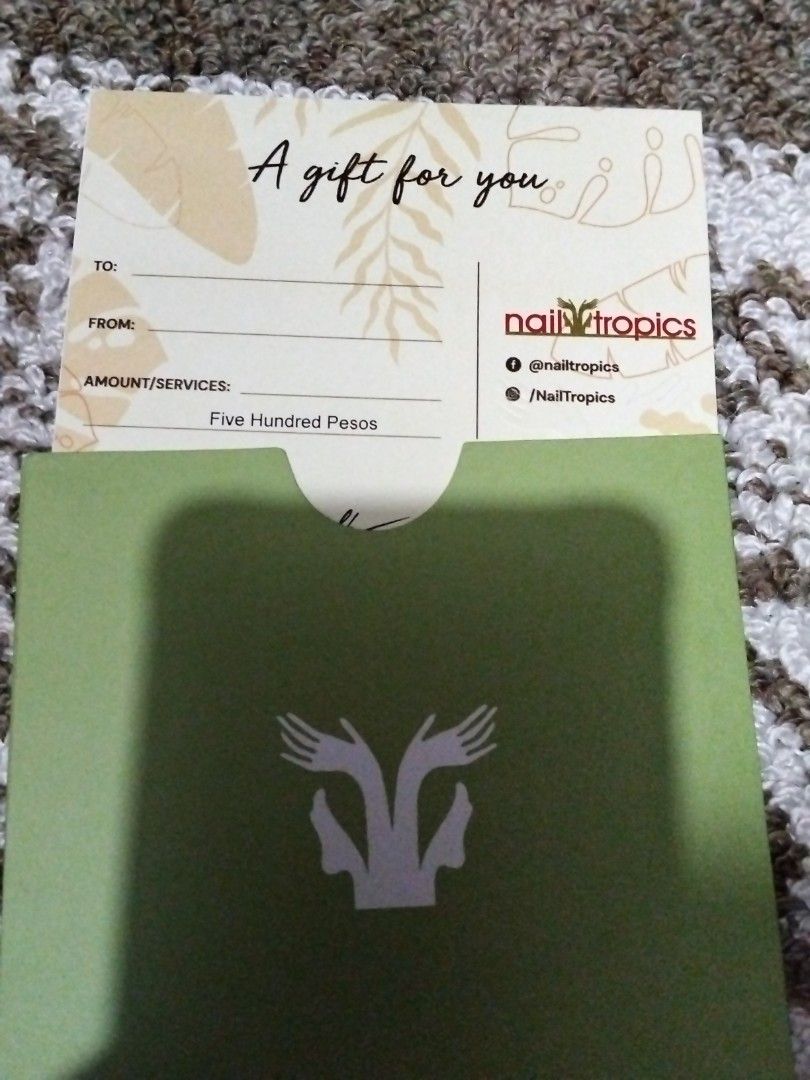 Nail Tropics Gift Card - 500 Pesos Value (Category: Game Gift Cards & Accounts) located in Manila. Submitted by newphoenix.27 (Listing ID 1443373237, Image 1). Description: - Nail Tropics Gift Card - Value: PHP 500 - Redeemable for any services offered - Ideal for gifts or personal indulgence - Treat yourself to a pampering session! if 5 PCs or more 400 each.
