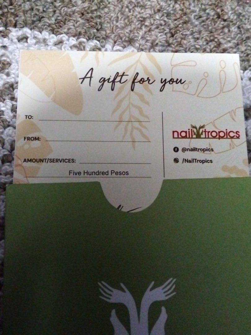 Nail Tropics Gift Card - 500 Pesos Value (Category: Game Gift Cards & Accounts) located in Manila. Submitted by newphoenix.27 (Listing ID 1443373237, Image 2). Description: - Nail Tropics Gift Card - Value: PHP 500 - Redeemable for any services offered - Ideal for gifts or personal indulgence - Treat yourself to a pampering session! if 5 PCs or more 400 each.