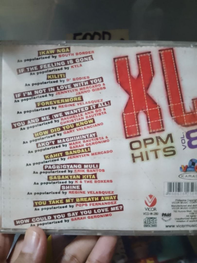 OPM Hits 8 XL Video Karaoke VCD (Category: CDs & DVDs) located in Quezon City. Submitted by akosiluna44 (Listing ID 1443486565, Image 3). Description: Preowned VCD Video Karaoke Good condition UNTESTED BUY AS IS NO PLAYER TO TEST THE VCD/CD CD has minimal to very few scratches - PLS CHECK PHOTOS LOC - QC #southborder #reginevelasquez #kyla #sarahgeronimo #opmvideokaraoke #vcd #garyvalenciano #markbautista #jennylynmercado #jannogibbs #kandtheboxe