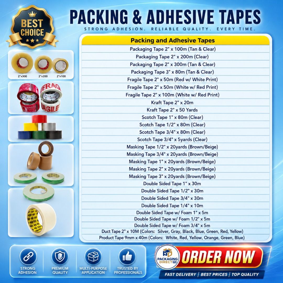 Packing and Adhesive Tapes (Category: Craft Supplies & Tools) located in Manila. Submitted by golden888onlineshop (Listing ID 1443443926, Image 1). Description: ✅ Packing and Adhesive Tapes 1. Packaging Tape (Tan & Clear) 2. Fragile Tape (Red/White with Print) 3. Kraft Tape 4. Scotch Tape / Stationery Tape (Clear) 5. Masking Tape (Brown/Beige) 6. Double Sided Tape (Standard & Foam) 7. Duct Tape (Various Colors) 8. Product Tape / Bag Sealing Tape 