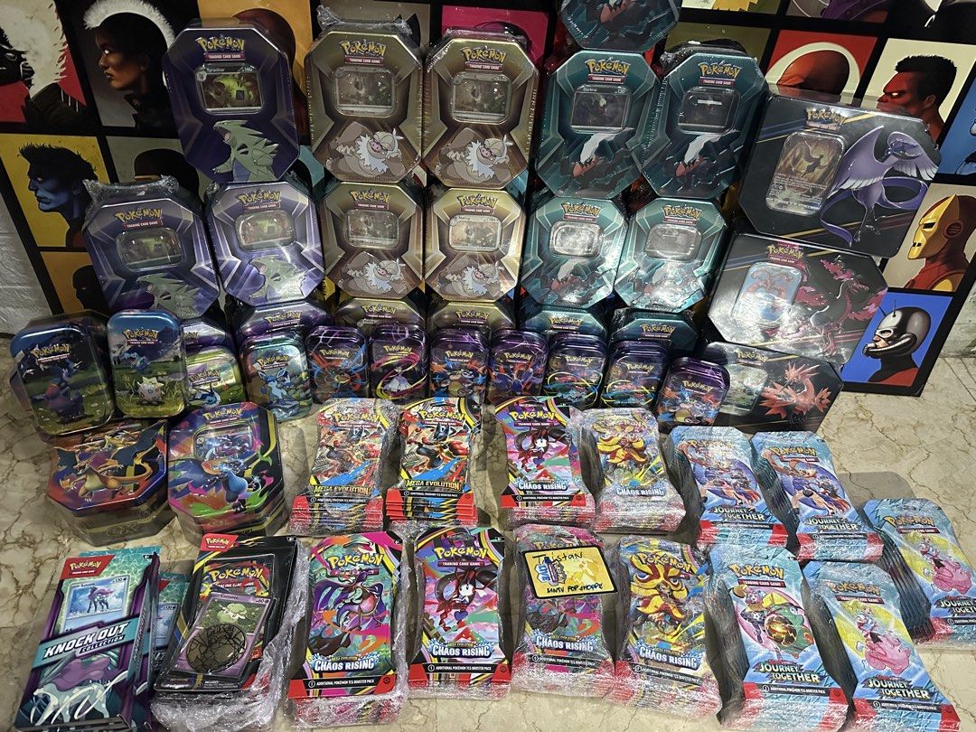 Pokemon tcg sealed products (Category: Raw Singles) located in Pasig City. Submitted by sirauthenticonly (Listing ID 1443423227, Image 1). Description: Pokemon TCG Journey together sleeves 600 Mega Evolution Sleeves 600 Chaos Rising Sleeves 550 Phantasmal Sleeves 800 Cotonee Blister Pf Coin 800 Mega Charizard Tin 3500 Tripple Whammy Tyrannitar 2000 Tripple Whammy Darkrai 2000 Tripple Whammy Slaking 2000 Crown Zenith Tins Set 20000 Mini Mega Evo t