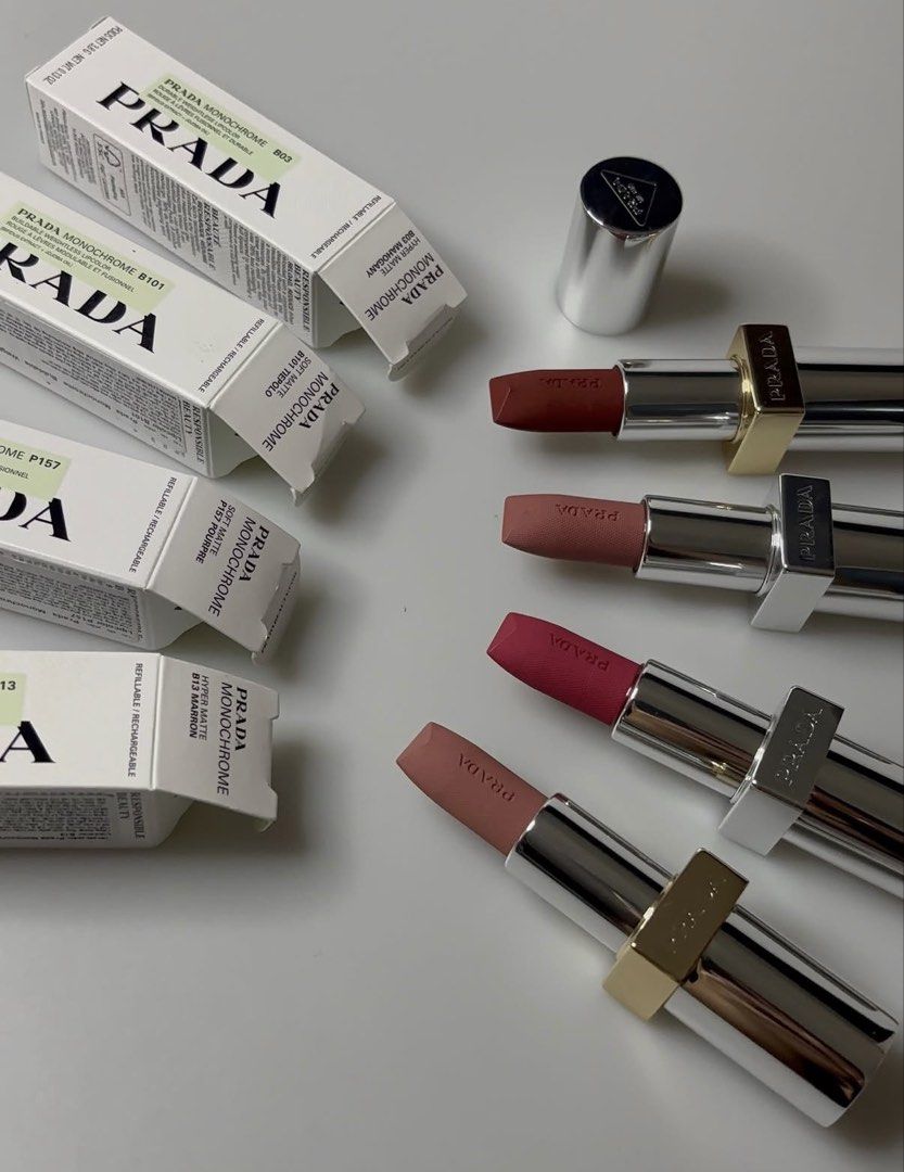 Prada Monochrome Lipstick (Category: Makeup) located in Bulacan. Submitted by shopwithme_23 (Listing ID 1443379641, Image 1). Description: 💯authentic (money back guaranteed if proven fake) ✅with box Hyper Matte: B13 Maroon - 2,900 B03 Mahogany - 2,700 Soft Matte: P157 Pourpre - 2,900 B101 Tiepolo - 2,900.