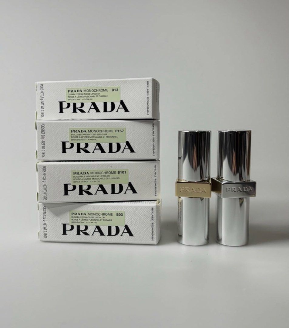 Prada Monochrome Lipstick (Category: Makeup) located in Bulacan. Submitted by shopwithme_23 (Listing ID 1443379641, Image 2). Description: 💯authentic (money back guaranteed if proven fake) ✅with box Hyper Matte: B13 Maroon - 2,900 B03 Mahogany - 2,700 Soft Matte: P157 Pourpre - 2,900 B101 Tiepolo - 2,900.