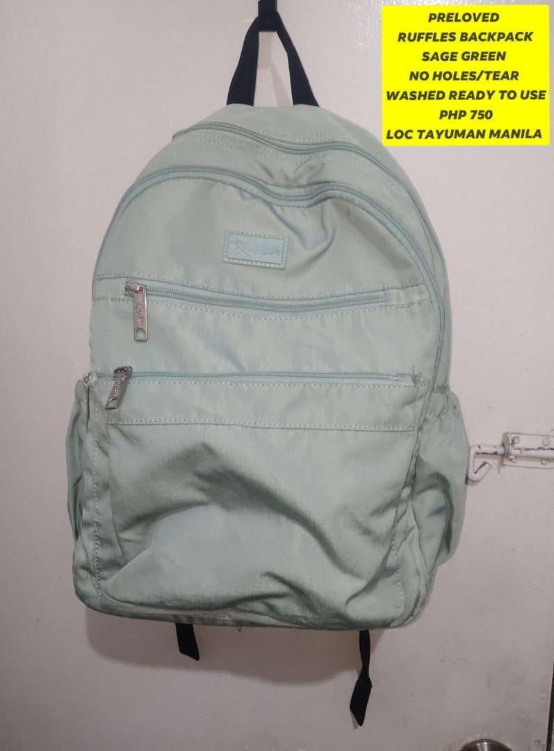Preloved Ruffles Backpack Sage Green (Category: Backpacks) located in Manila. Submitted by chubbychic553 (Listing ID 1443389765, Image 1). Description: PRELOVED brand: Ruffles Sage green backpack washed with pen stain PHP 500 Located in Tayuma Manila shipping via lbc or lalamove NO COD NO COP payment first.