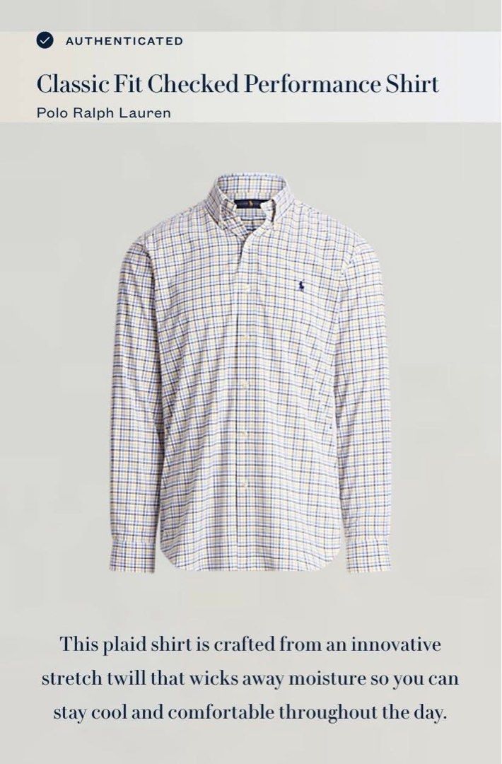 Ralph Lauren Classic Fit Checked Performance Long Sleeve (Category: Tshirts & Polo Shirts ) located in Manila. Submitted by mxnlessandra (Listing ID 1430723673, Image 2). Description: — Dimensions: 24 (chest width) x 28 (sleeves) x 30 (length) — Size XXL on Tag — Authentic with scannable QR code — Issue: Cut wash tag, but authentic pa rin — MOP: GCash only — MOD: J&T or Lalamove — DF c/o of buyer — Location: Pasig .