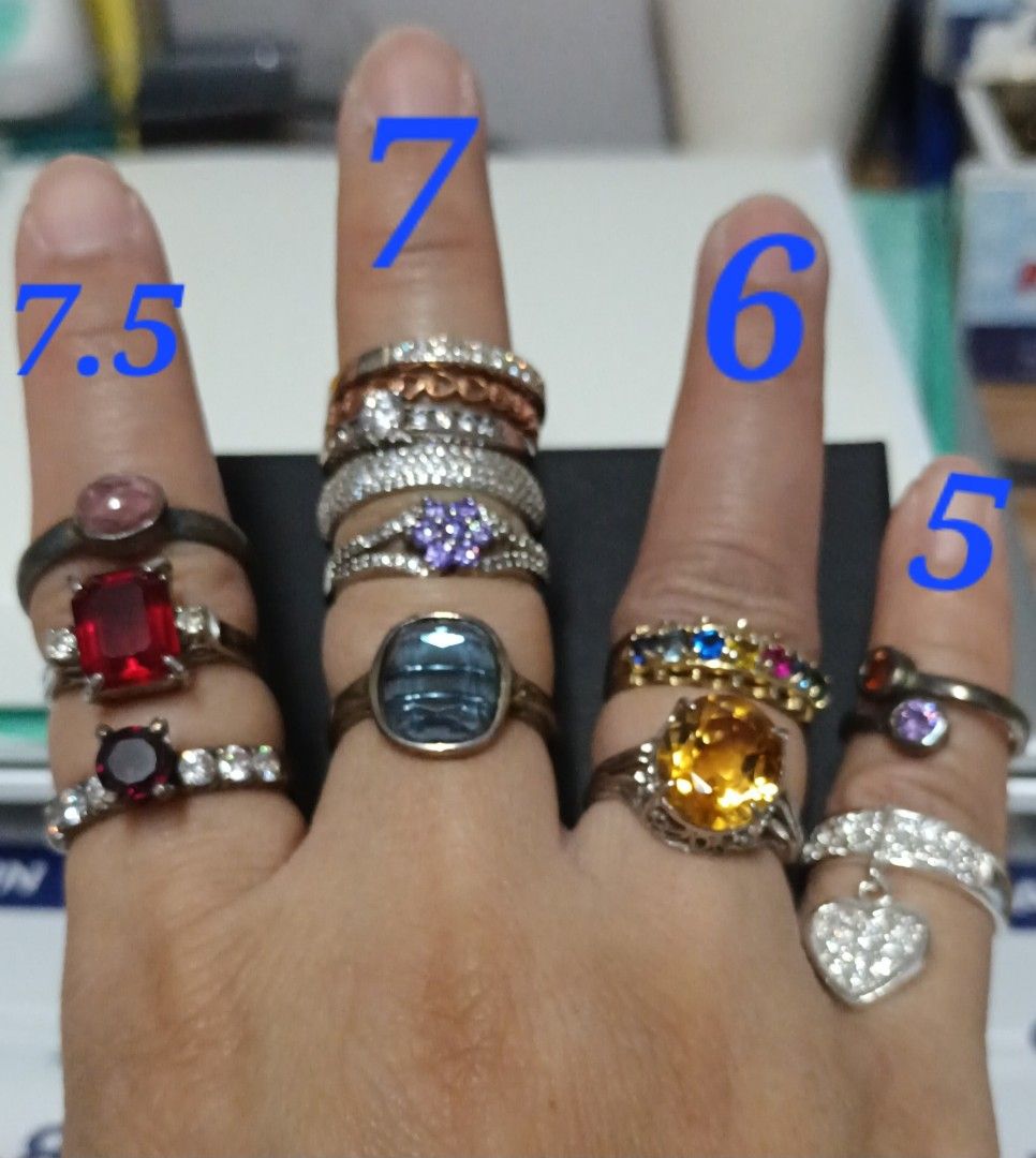 Silver rings (Category: Rings) located in Quezon City. Submitted by cmagday (Listing ID 1443429371, Image 1). Description: refer to picture for estimated size. all with markings 925, except 2 handmade/ pinasadya. materials not tested. take all 13 rings for 6k only. except branded rositas - 1k mop-gcash SIZE 7.5 Pink birthstone -no marking Red birthstone-marking is number 13 Red tall engagement -no marking SIZE 7 Half eternity (slim)- 925 Hearts e