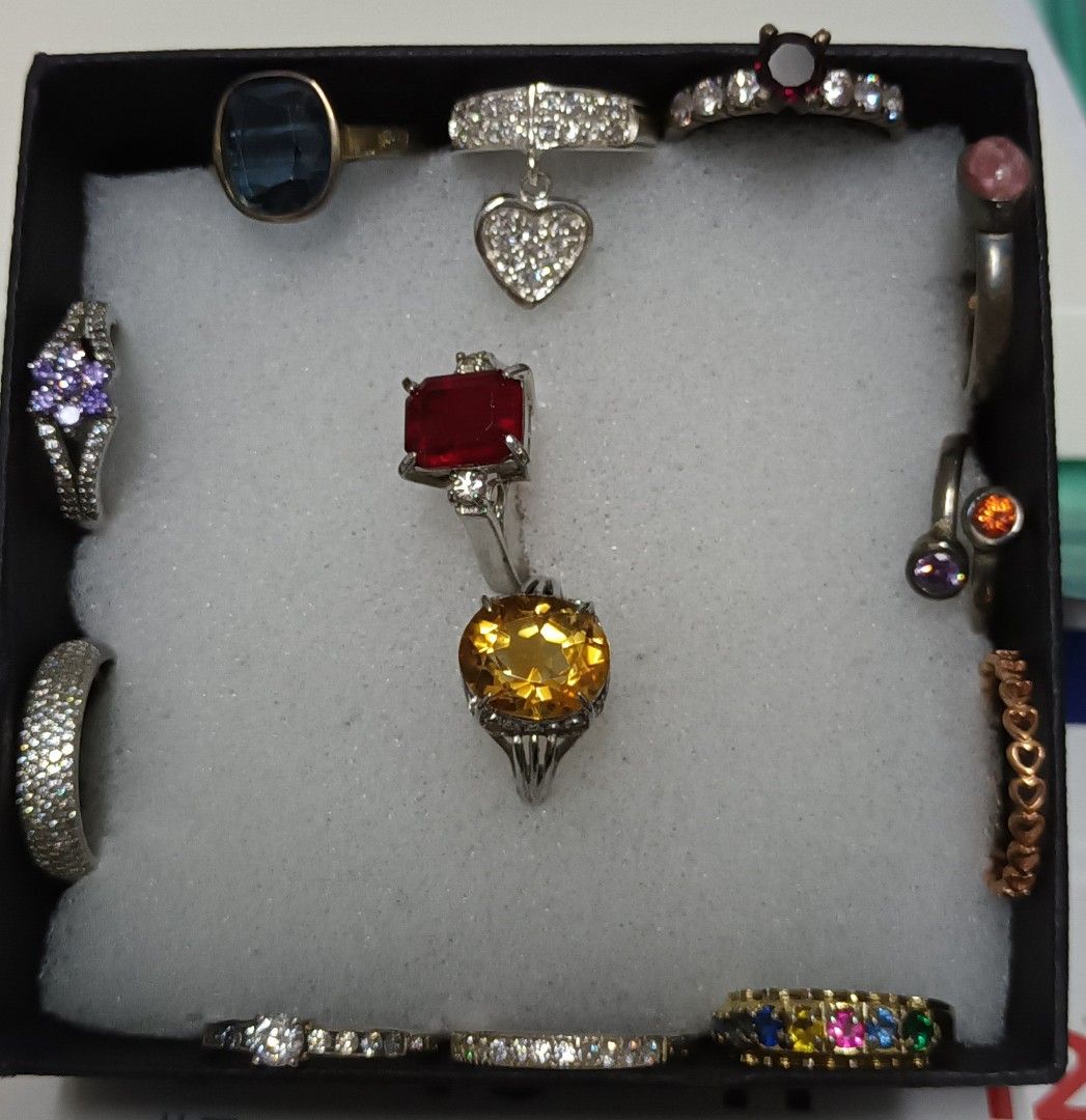 Silver rings (Category: Rings) located in Quezon City. Submitted by cmagday (Listing ID 1443429371, Image 2). Description: refer to picture for estimated size. all with markings 925, except 2 handmade/ pinasadya. materials not tested. take all 13 rings for 6k only. except branded rositas - 1k mop-gcash SIZE 7.5 Pink birthstone -no marking Red birthstone-marking is number 13 Red tall engagement -no marking SIZE 7 Half eternity (slim)- 925 Hearts e