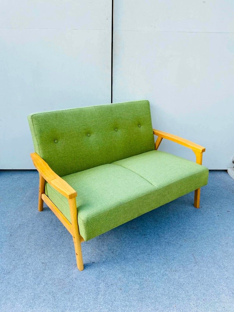 SOFA (Category: Sofas) located in Manila. Submitted by janezkie16 (Listing ID 1443402121, Image 3). Description: JAPAN SURPLUS 2-SEATER WOODEN FRAME GREEN FABRIC SOFA IN GOOD CONDITION SIZE: 44.5L" x 28W" x 16Sh" x 28.5H" inches.