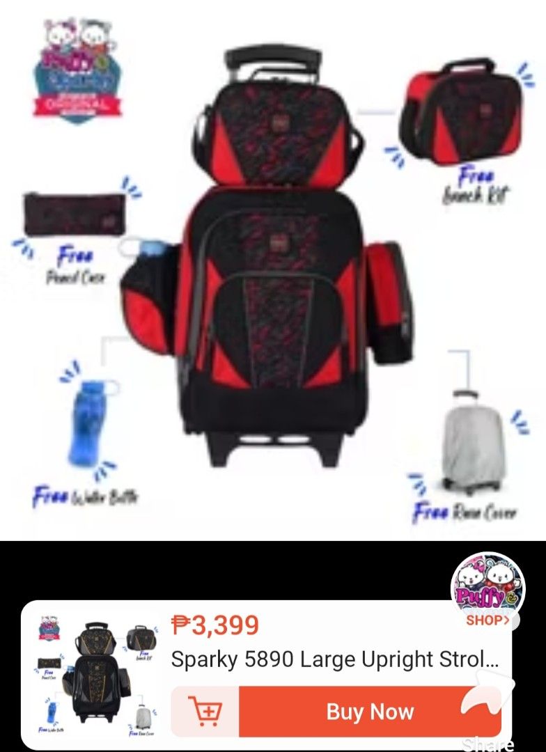 Sparky Trolley School Bag with Lunch Bag (Category: Babies & Kids Fashion) located in Manila. Submitted by ramcyanthony (Listing ID 1443445010, Image 2). Description: - Php1300 (bought for 3k plus) - Sturdy and stable base (stays upright doesnt fall over) - Trolley bag has no damage - Insulated lunch bag natastas inner lining (repairable) - Spacious main compartment with large opening - Durable, sturdy zippers - Smooth-rolling wheels and extendab