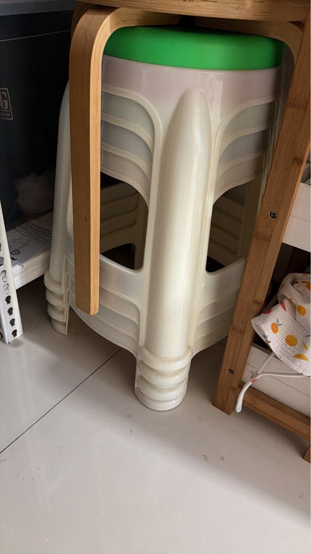 Stackable Plastic Stools (Category: Chairs) located in Singapore. Submitted by whaleonthebus (Listing ID 1443435571, Image 1). Description: - Stackable plastic stool - Green seat - Light cream colored base - Ideal for extra seating - Easy to store when not in use - please arrange own pick up by 21 June .