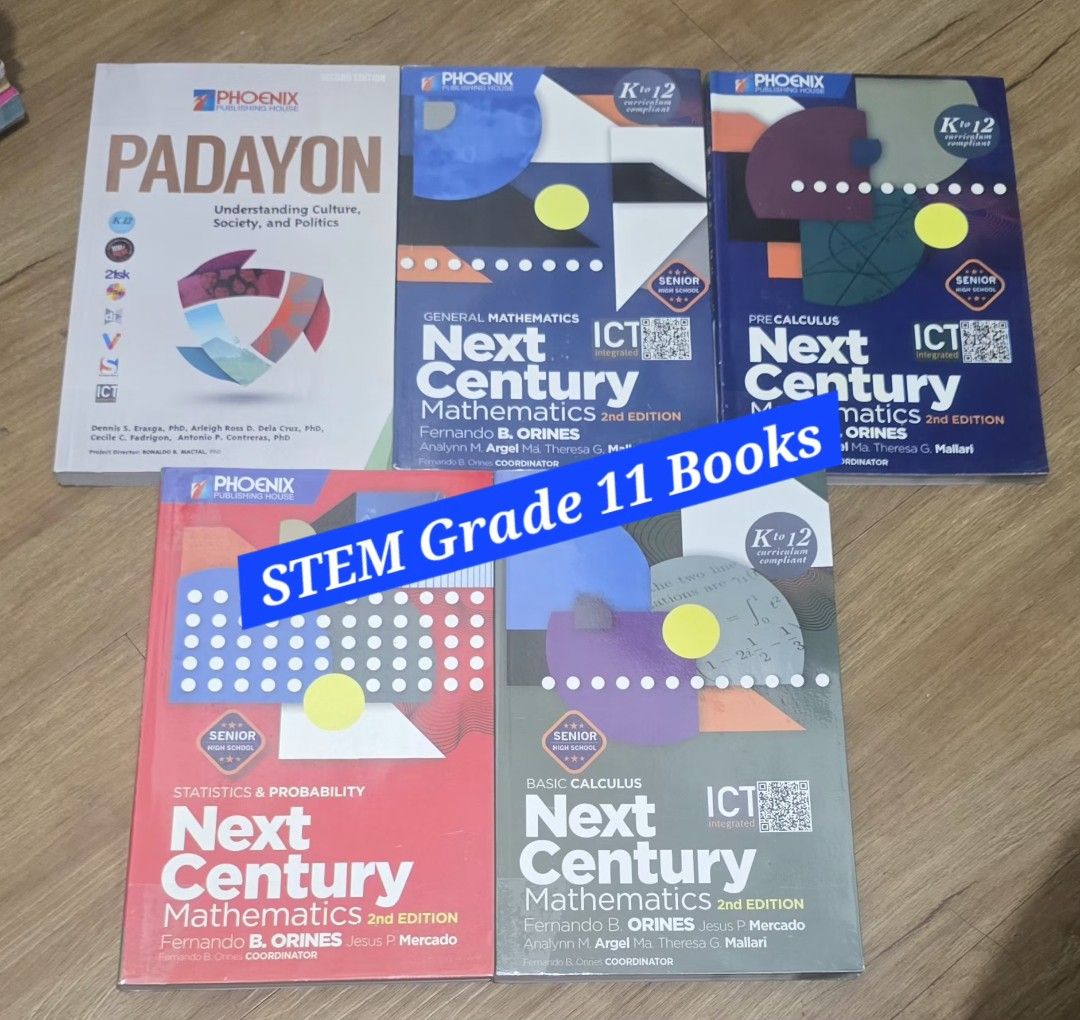 STEM Grade 11 Books (Category: Textbooks) located in Quezon City. Submitted by _yet_ (Listing ID 1443368144, Image 1). Description: Used STEM Grade 11 Books. Like new, no writings, good quality plastic cover. - Next Century Mathematics, 2nd Edition - Subjects: General Mathematics, Pre-Calculus, Statistics & Probability, Basic Calculus - Also includes: Understanding Culture, Society, and Politics (UCSP) - Authors: Orines, Mercado, and others - Ide