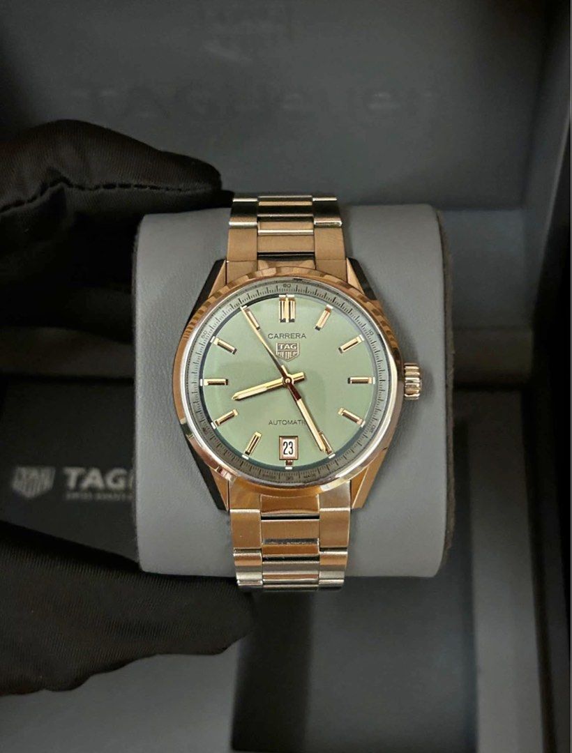 Tag Heuer Carrera pastel green Date (Category: Luxury Watches) located in Makati City. Submitted by Afforda_Lux (Listing ID 1443429006, Image 1). Description: Pastelw green Tag heuer Automatic Authenticated Luxury watch Automatic watch 2023.