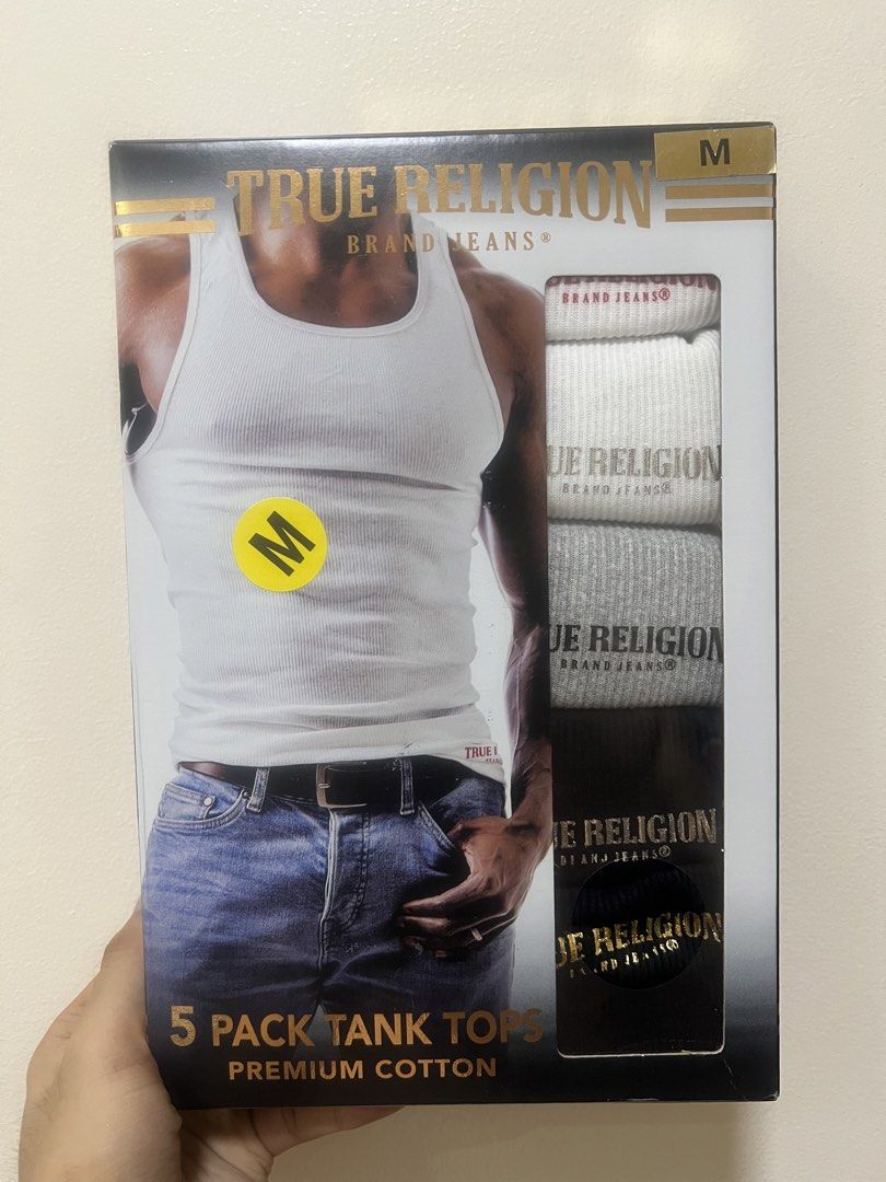 True Religion Men's 5 Pack Premium Cotton Tank Tops - Size M (Category: Tshirts & Polo Shirts ) located in Manila. Submitted by caleb.apo (Listing ID 1443431327, Image 1). Description: - 5-pack of True Religion tank tops - Size: Medium - Colors: White, Grey, Black - Material: Premium Cotton - Fit: Comfortable, great for layering or wearing alone.