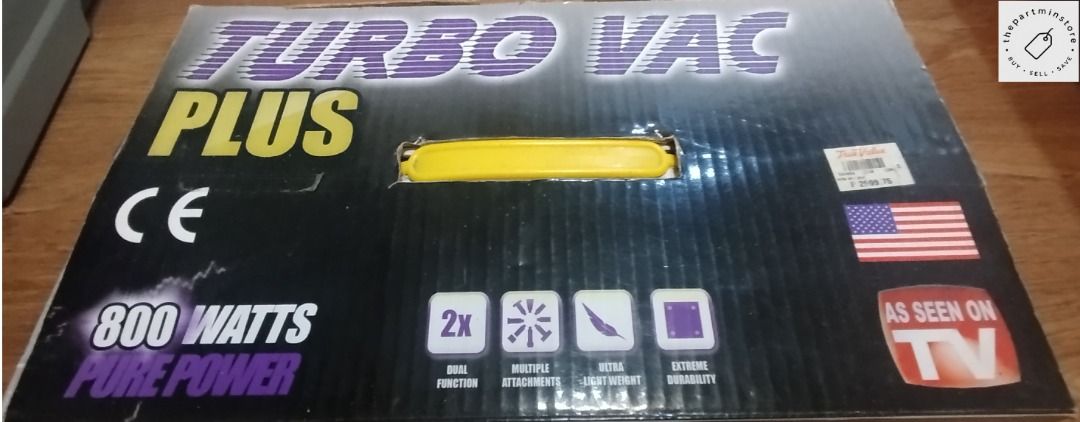 Turbo Vac Plus 800 Watts Vacuum + Inflator (Category: Vacuum Cleaner & Housekeeping) located in Quezon City. Submitted by thepartminstore (Listing ID 1443461322, Image 2). Description: - Powerful 800-watt vacuum and inflator - Comes with all attachments shown in the box - rfs: decluttering / used less than 5 times only. .